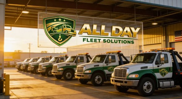 All Day Fleet Solutions truck lineup inside the depot